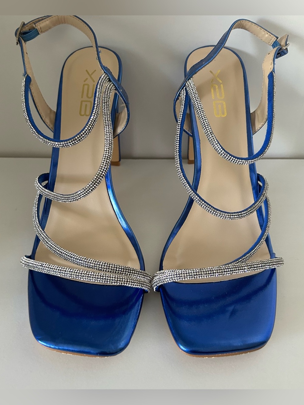 X2 Metallic Blue Strappy Heels with Rhinestone Accents